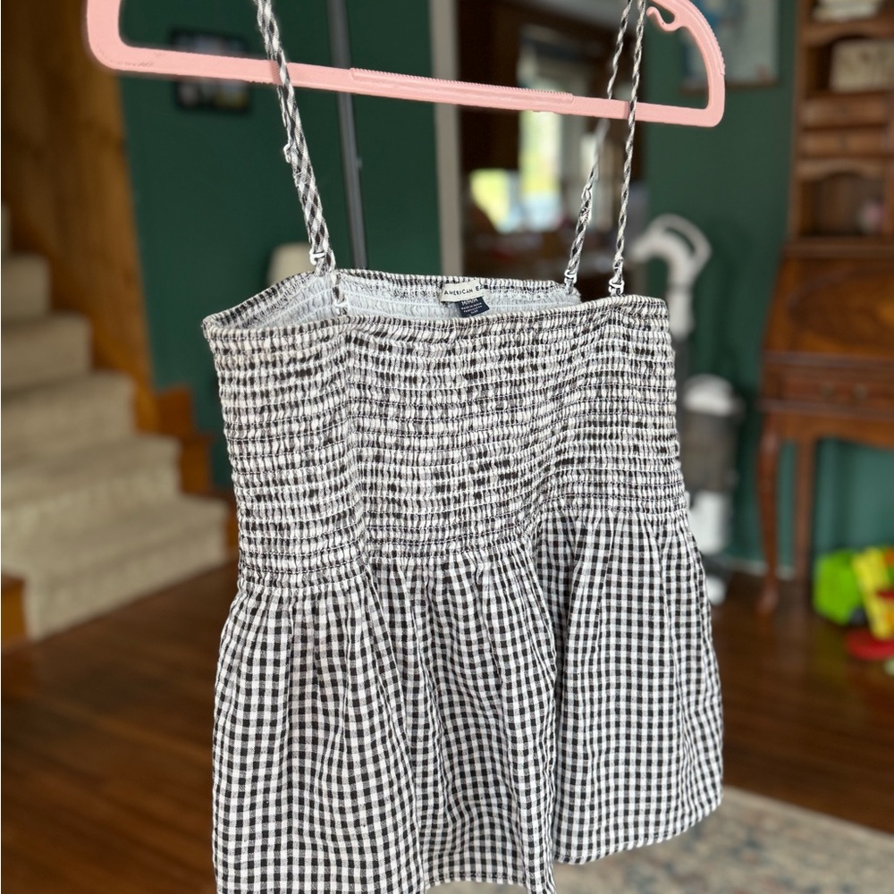 American Eagle Gingham Smocked Baby Doll Top